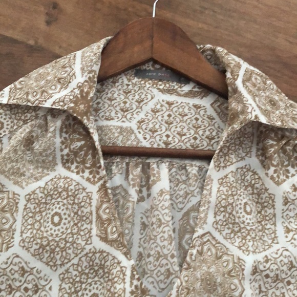 Tan/ Creme pattered, sleeveless, long wrap blouse, Zero, Eur36/US6, - Picture 3 of 10